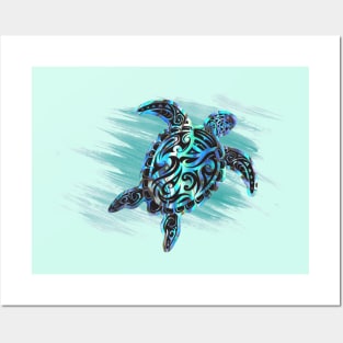 Turtle  with paua shell background in water Posters and Art